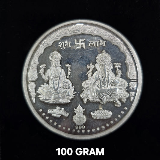 Pure 999 Hallmarked Silver Lord Ganesha and Lakshmi ji 100 Grams Coin