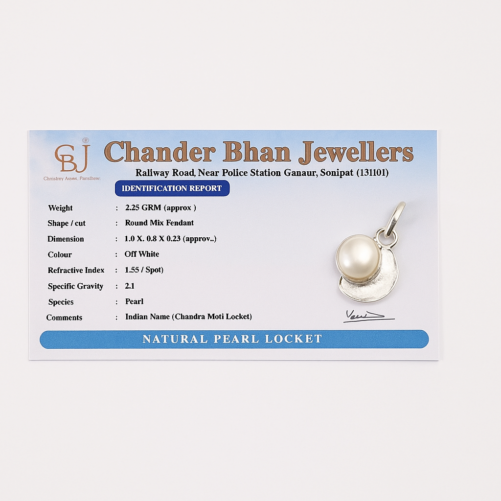 Ardha chandra sacha moti locket in pure silver with certificate