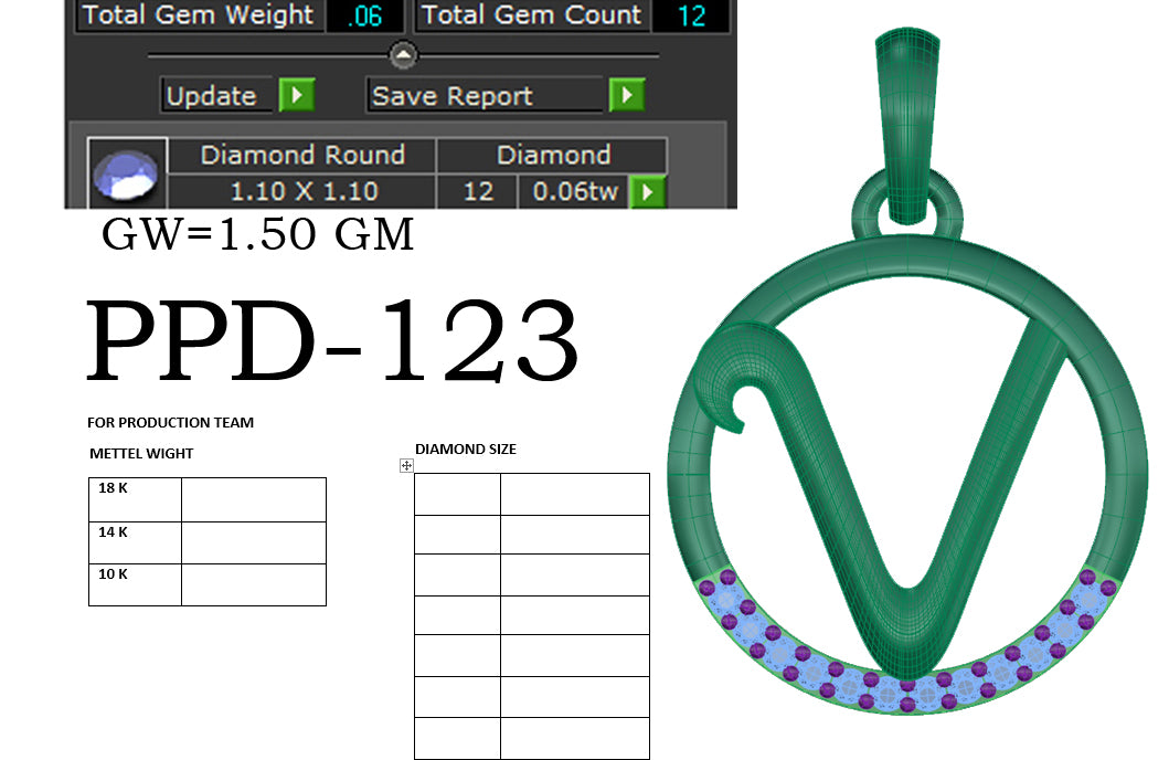 V alphabet shape designer pendant dp266