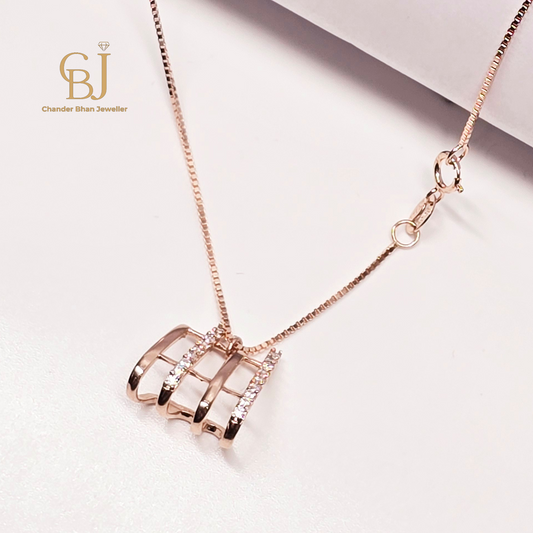 925 Rose Gold Polished Silver Chain With Diamond Cut Stones Pandant