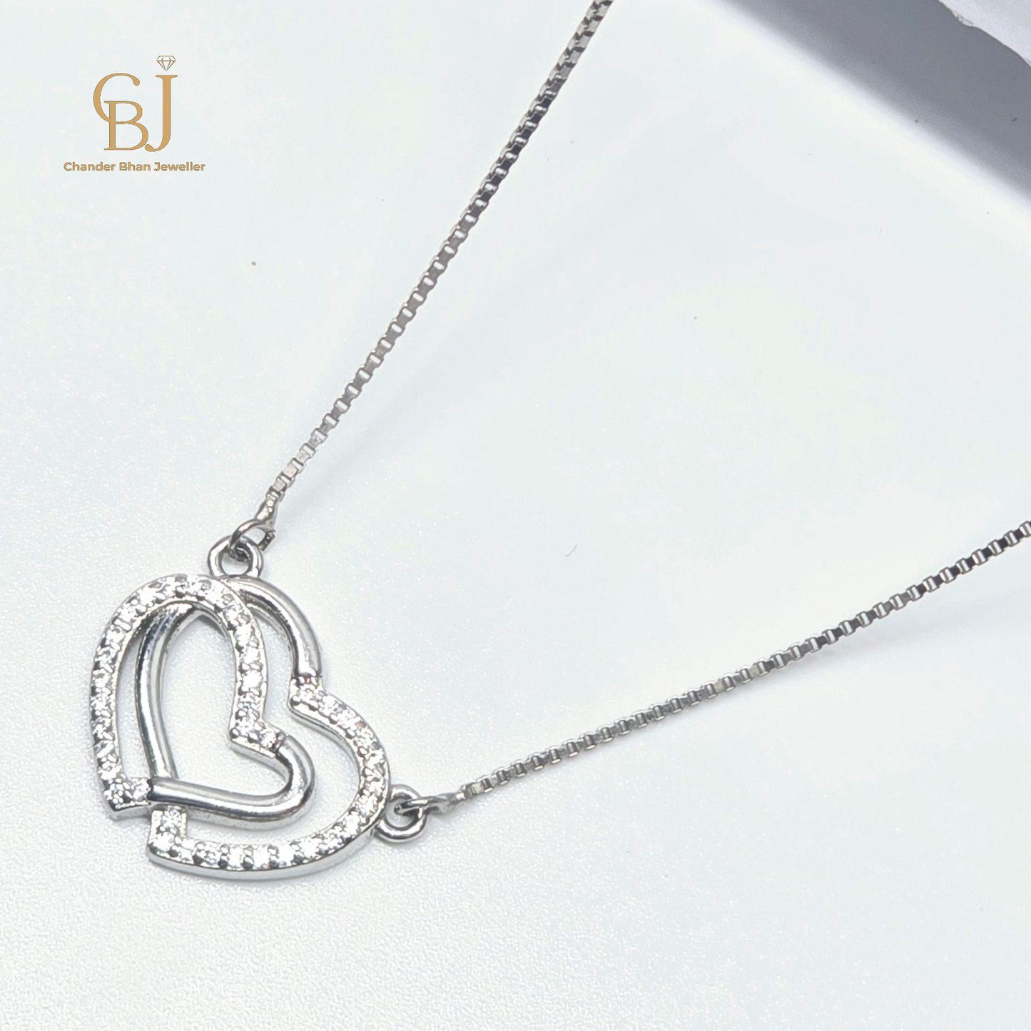 925 SIlver Girlish Chain With Double heart Pandant With Diamond Cut Stones