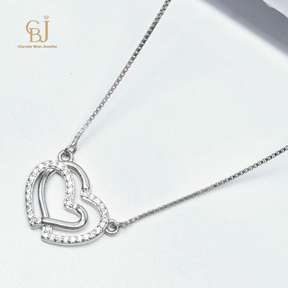 925 SIlver Girlish Chain With Double heart Pandant With Diamond Cut Stones