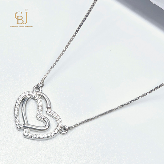 925 SIlver Girlish Chain With Double heart Pandant With Diamond Cut Stones